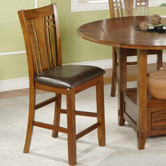 Stools, Set of 2, Brown Faux Leather Seat, Medium Oak Wood Frame