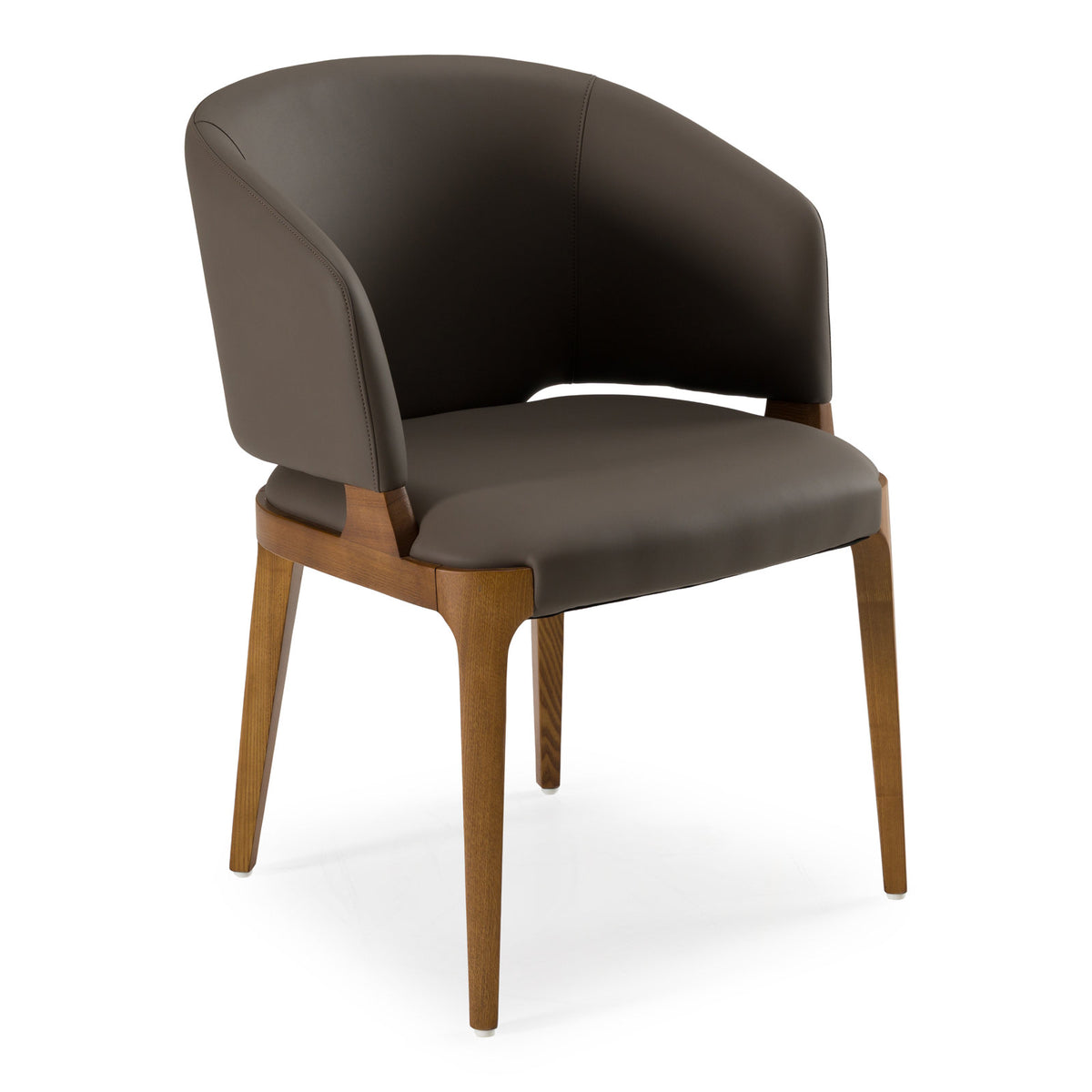 Armchair, Solid Wood, Brown Faux Leather Seat, Walnut Finish