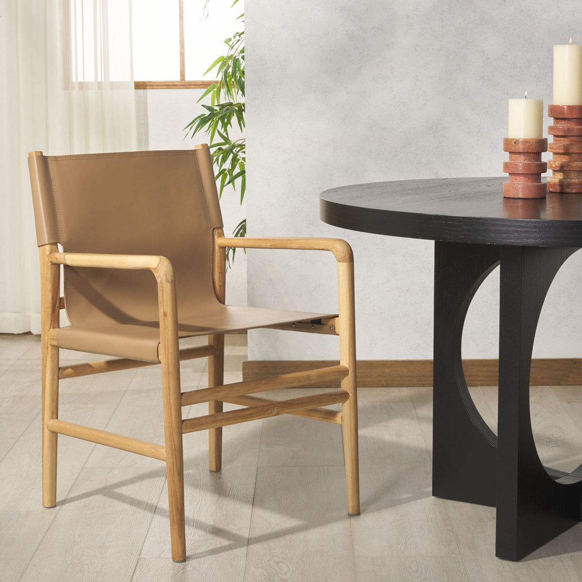 Armchair, Brown Top Grain Leather, Natural Teak Wood Frame