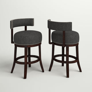 Swivel Counter Stools, Set of 2, Wood Frame, Gray Seat, Dark Oak Finish