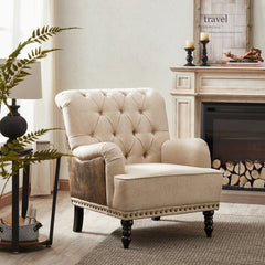 Armchair, Beige Cotton Blend Upholstery, Solid Wood Frame, Black Legs