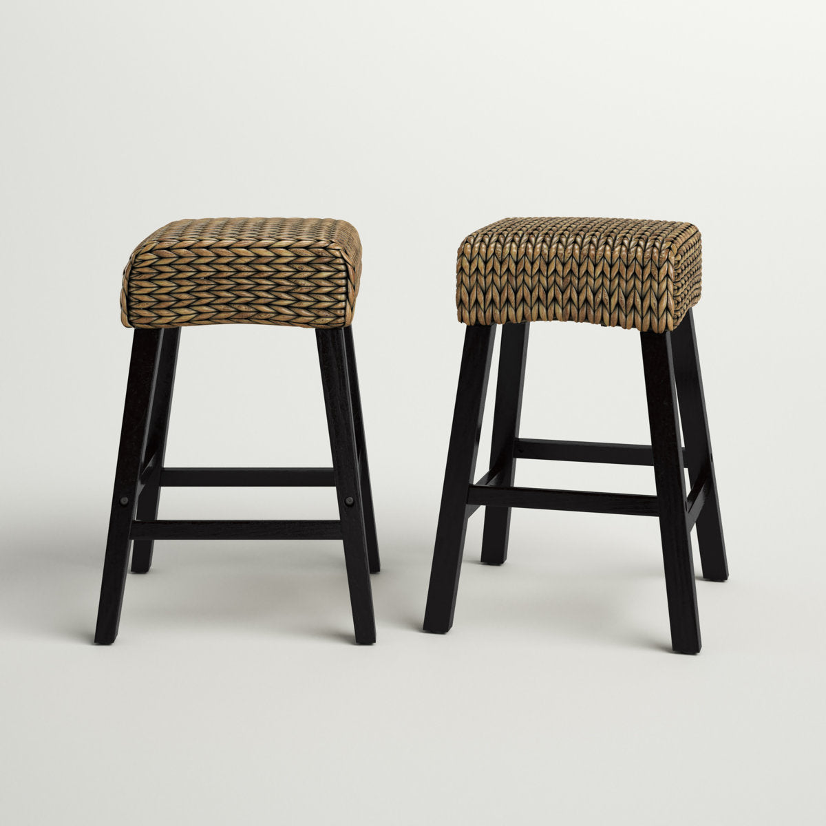 Counter Stools, Set of 2, Seagrass Seat, Dark Brown Solid Mahogany Frame