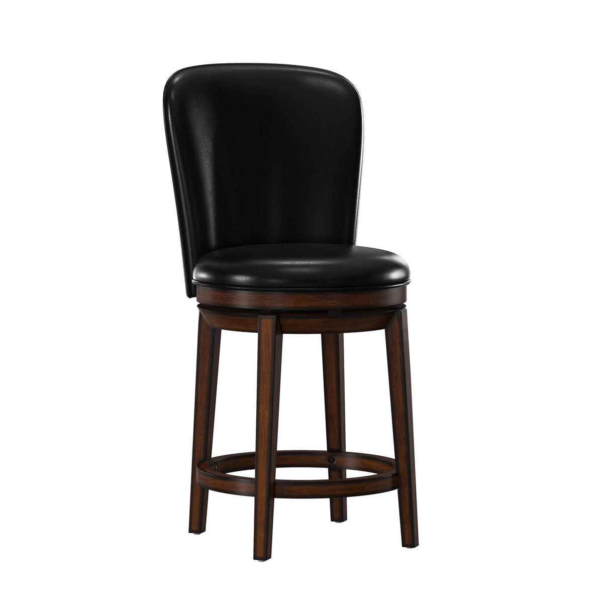 Swivel Counter Stool, 27 Inch Seat Height, Black Faux Leather, Brown Wood Base