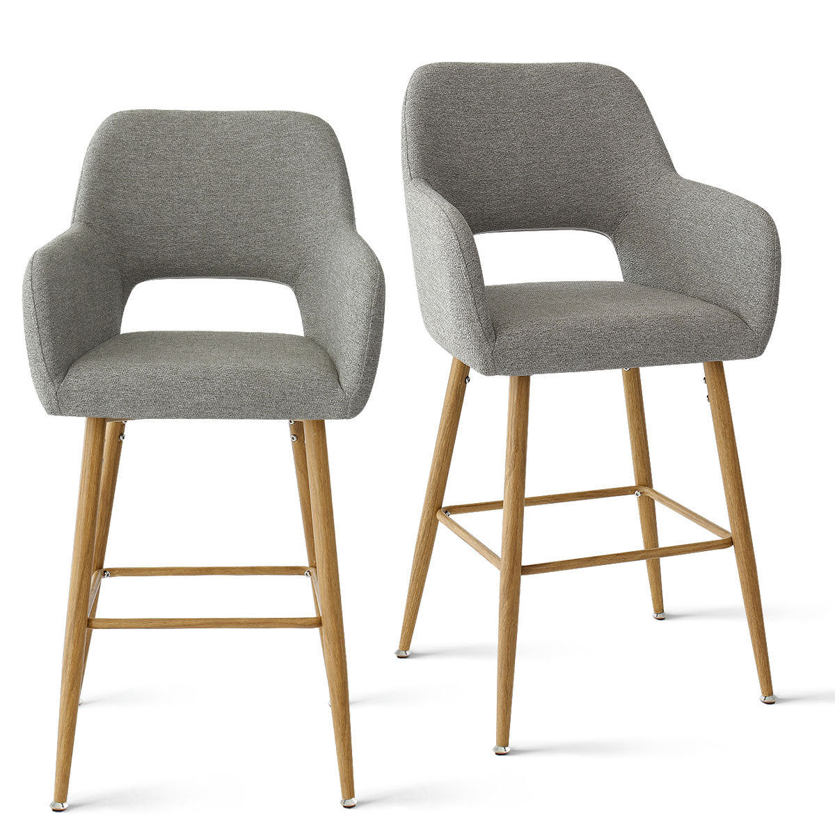 Bar Stools, Set of 2, Gray Fabric, Light Brown Tapered Legs