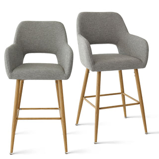 Bar Stools, Set of 2, Gray Fabric, Light Brown Tapered Legs
