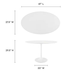 Oval Pedestal Dining Table, 48 Inch, White Gloss MDF Top, White Metal Base