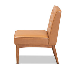Dining Side Chair, Tufted Faux Leather, Walnut Brown Wood Legs