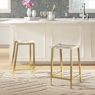 Counter Stools, Set of 2, Clear Acrylic Seat, Gold Steel Frame