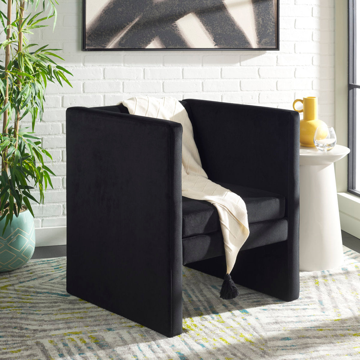 Armchair, Black Velvet, Square Arms, Pine Frame