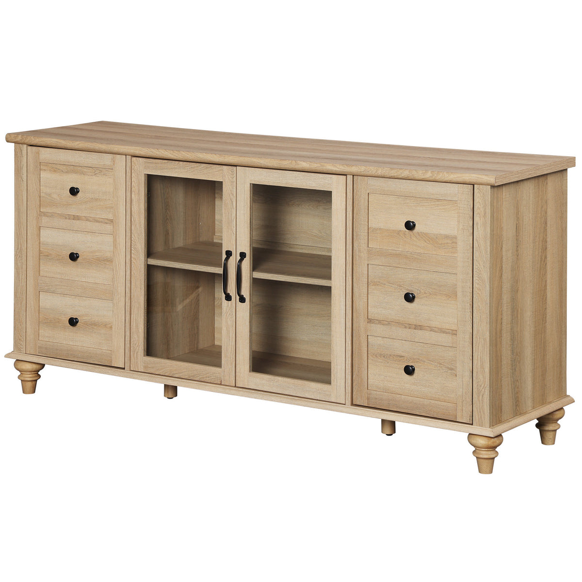 Sideboard, Solid and Manufactured Wood, 58 Inch Wide, Oak