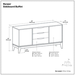 Sideboard Buffet, 3 Drawers, 2 Cabinets, Solid Wood, Brown