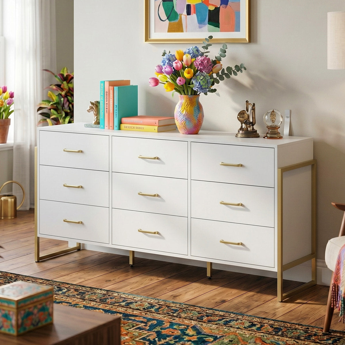 Sideboard Cabinet, 9 Drawers, Solid and Manufactured Wood, White