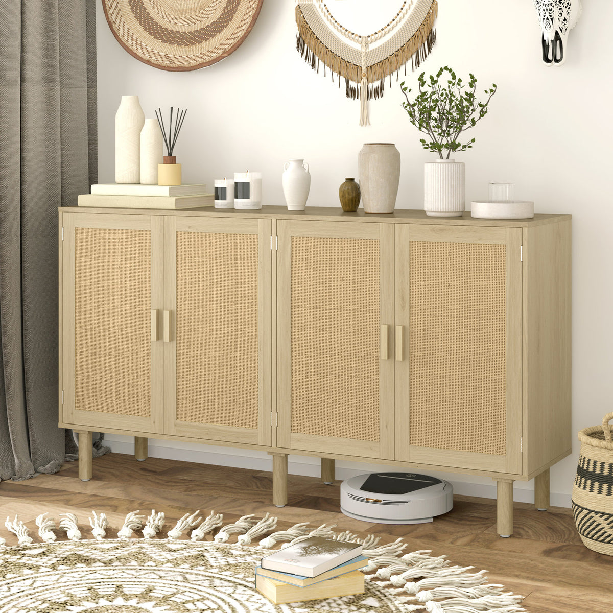Sideboard Buffet Cabinet, Rattan Doors, Melamine Particleboard, Beige, Pine Legs