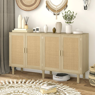 Sideboard Buffet Cabinet, Rattan Doors, Melamine Particleboard, Beige, Pine Legs