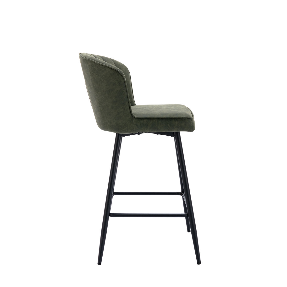Bar Stool, Green PU Leather, Black Iron Frame, 25.5 Inch Seat Height