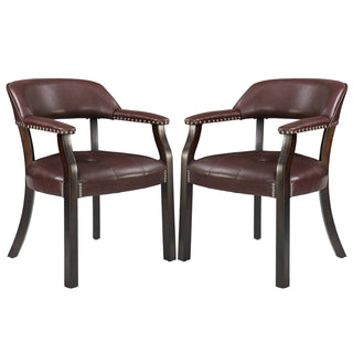 Armchairs, Set of 2, Walnut Faux Leather, Tufted, Walnut Solid Wood Legs