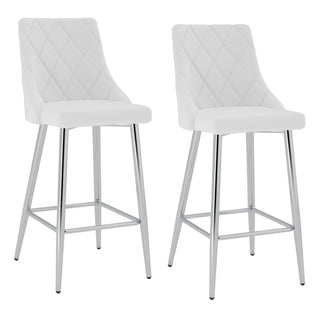 Counter Stools, Set of 2, White Faux Leather, Channel Tufted Back