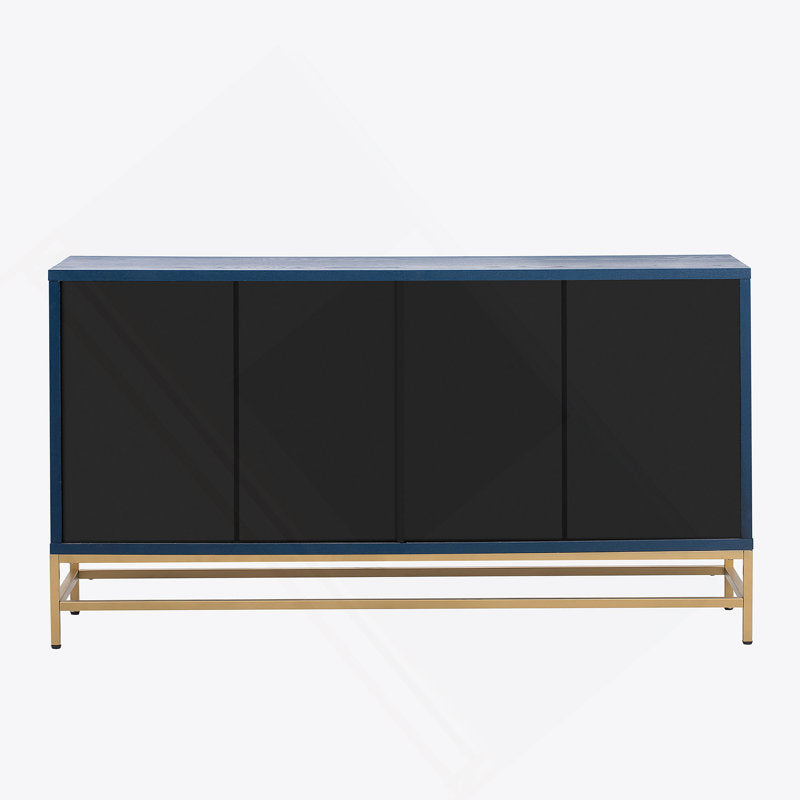 Sideboard Cabinet, 4 Doors, Navy Wood Finish, Metal Handles and Legs
