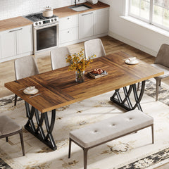 Dining Table, 70.87 Inch Rectangular, Walnut Finish Top, Black Metal X-Legs