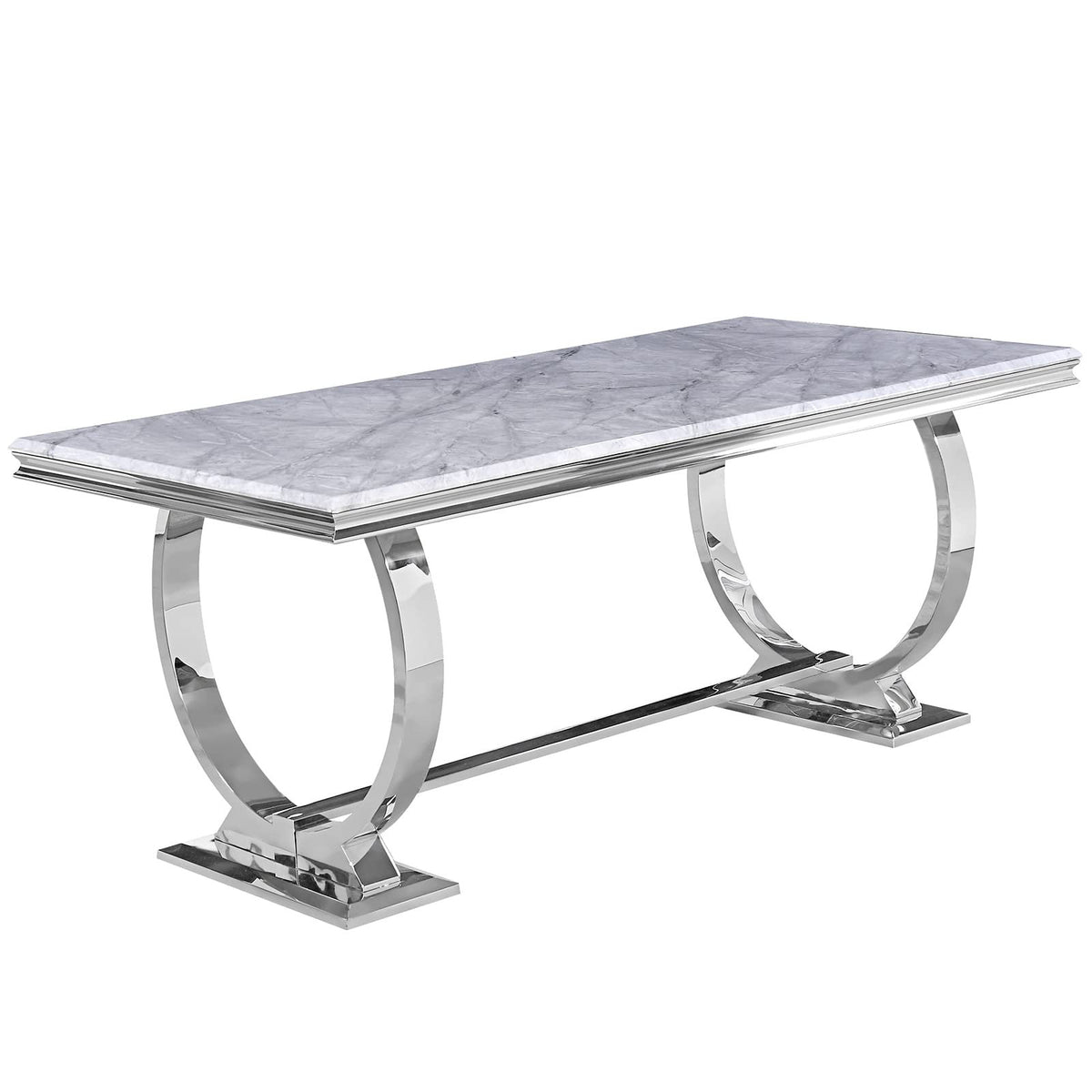 Table, Rectangular, Gray Manufactured Wood Top, Silver Stainless Steel Sled Base