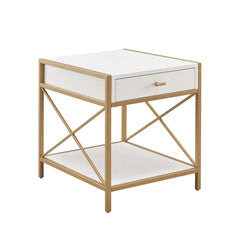 End Table with Drawer, Solid and Manufactured Wood Top, White and Satin Gold