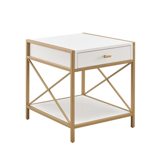 End Table with Drawer, Solid and Manufactured Wood Top, White and Satin Gold