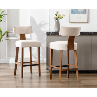 Bar Stools, Set of 2, Solid Wood Frame, Beige Upholstered Seat, Brown Base