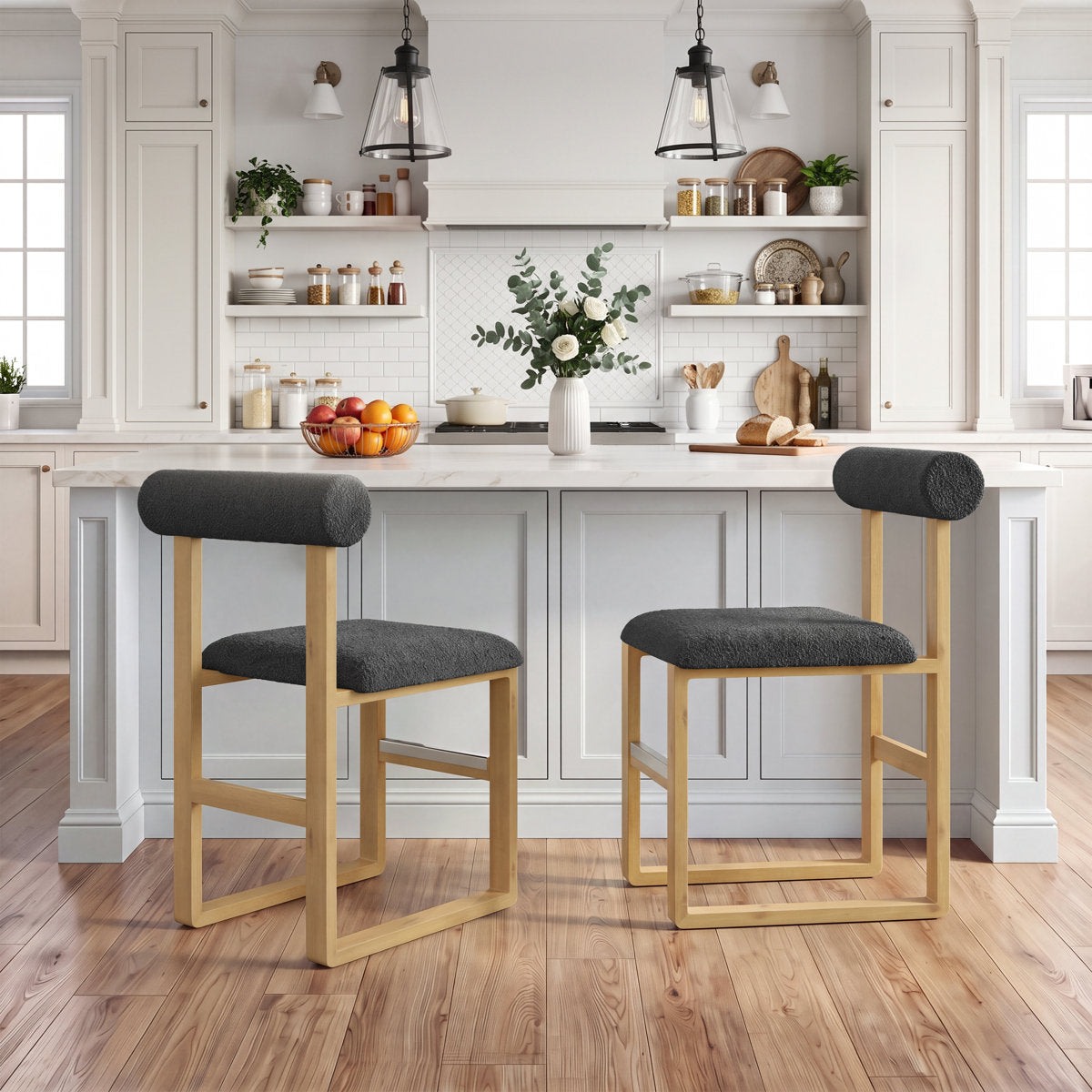 Counter Stools, Set of 2, Upholstered Rubberwood, Black Seat, Yellow Finish
