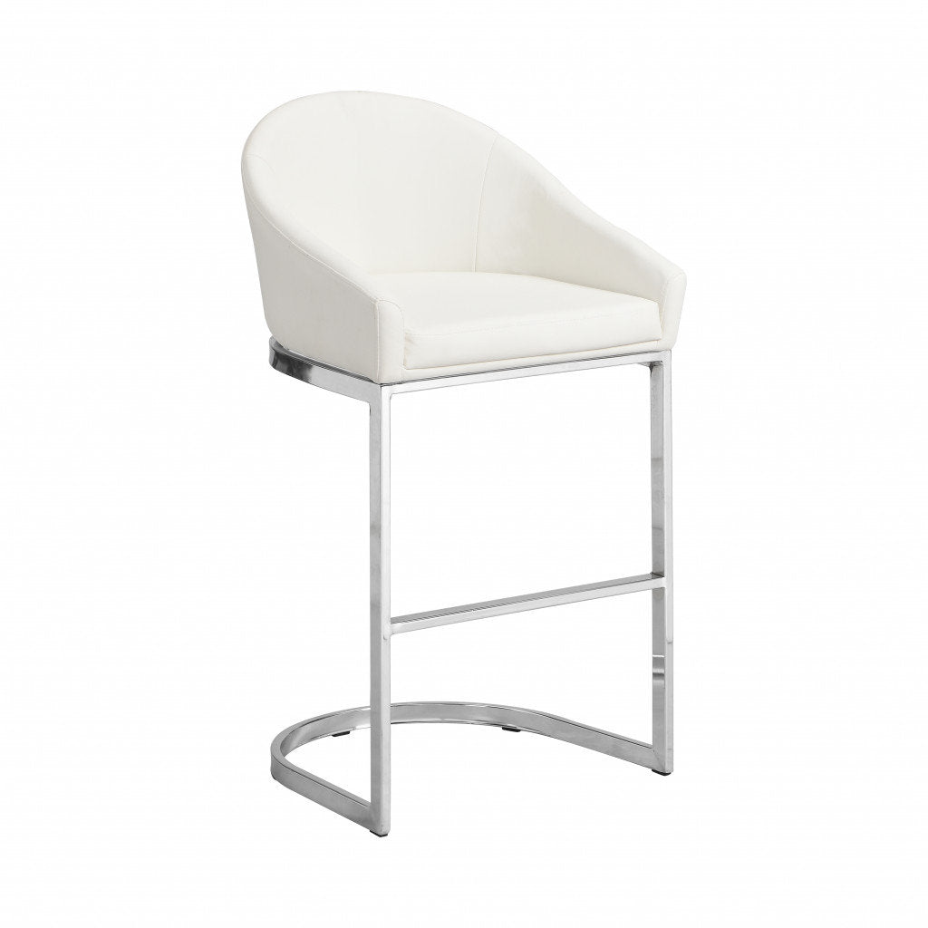 Counter Stool, Low Back, White Faux Leather Seat, Chrome Steel Frame