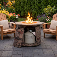 Propane Fire Pit Table, 40,000 BTU, Round Concrete with Stacked Stone Finish