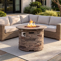Propane Fire Pit Table, 40,000 BTU, Round Concrete with Stacked Stone Finish
