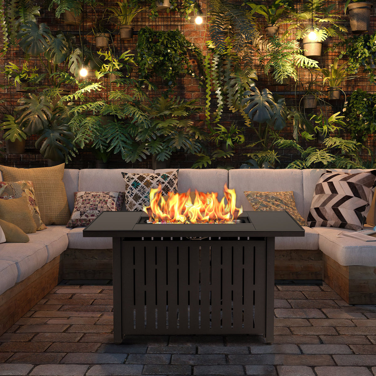 Propane Fire Pit Table, Rectangle Steel with Lid and Cover, Black