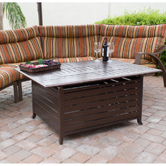 Propane Fire Pit Table, Rectangular Aluminum in Brown with Fire Glass
