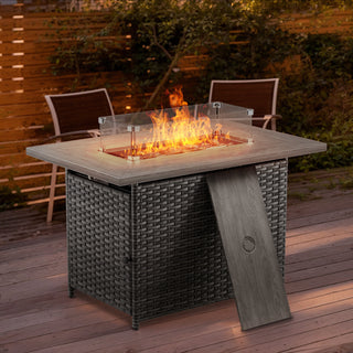 Propane Fire Pit Table, Rectangular, PE Wicker with Steel Top in Gray