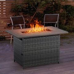 Propane Fire Pit Table, Rectangular, PE Wicker with Steel Top in Gray
