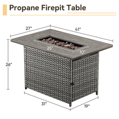 Propane Fire Pit Table, Rectangular, PE Wicker with Steel Top in Gray