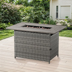 Propane Fire Pit Table, Rectangular, PE Wicker with Steel Top in Gray