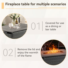 Propane Fire Pit Table, Rectangular, PE Wicker with Steel Top in Gray