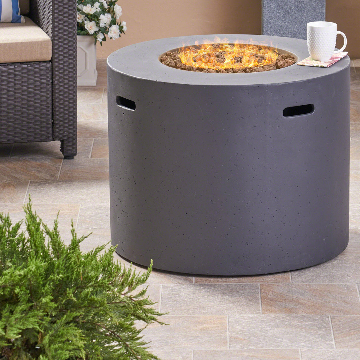Propane Fire Pit Table, Round Concrete, Dark Gray
