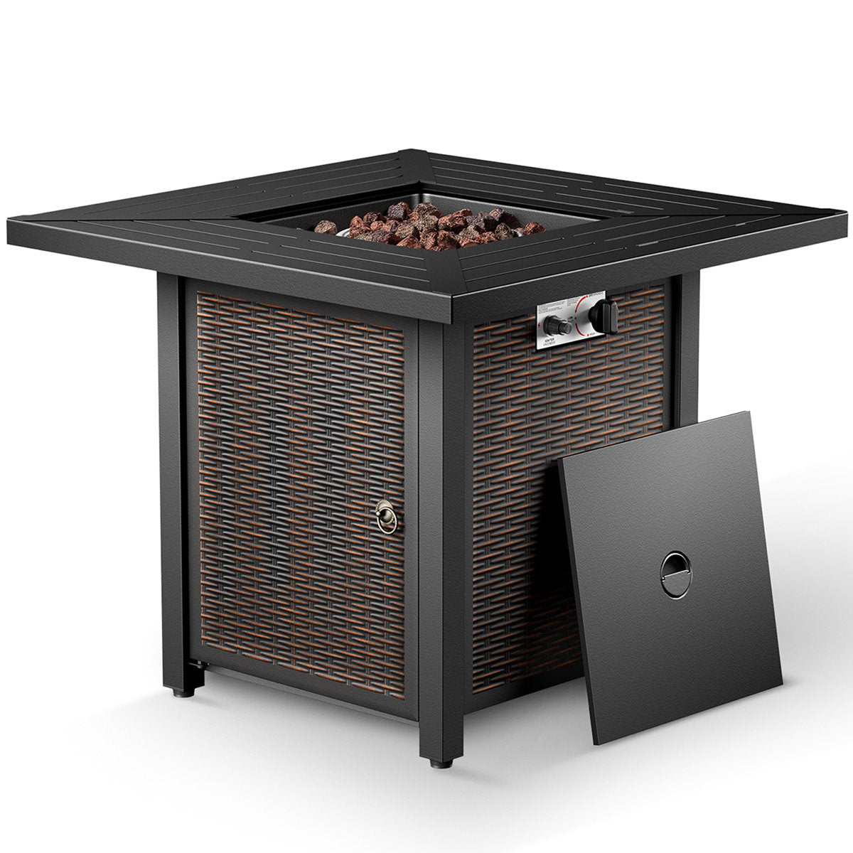 Propane Fire Pit Table with Lid, Square, 50,000 BTU, Brown
