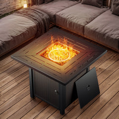 Propane Fire Pit Table with Lid, Square, 50,000 BTU, Brown
