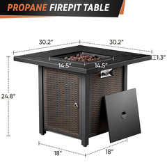 Propane Fire Pit Table with Lid, Square, 50,000 BTU, Brown