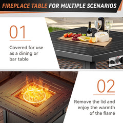 Propane Fire Pit Table with Lid, Square, 50,000 BTU, Brown