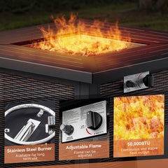 Propane Fire Pit Table with Lid, Square, 50,000 BTU, Brown
