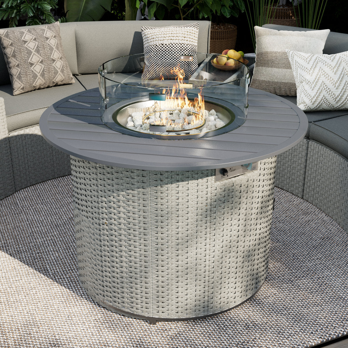 Propane Flame Table, 50,000 BTU Round, Gray Wicker with Glass Wind Guard