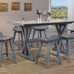 Pub Table, Seats 8, Solid Wood, Rectangular, Distressed Gray Blue Wash Top