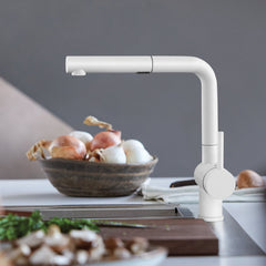 Pull-Out Kitchen Faucet, Linus, Single Handle, Low Arc, Brass, White
