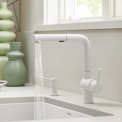Pull-Out Kitchen Faucet, Linus, Single Handle, Low Arc, Brass, White