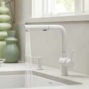 Pull-Out Kitchen Faucet, Linus, Single Handle, Low Arc, Brass, White