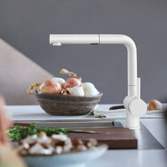Pull-Out Kitchen Faucet, Linus, Single Handle, Low Arc, Brass, White